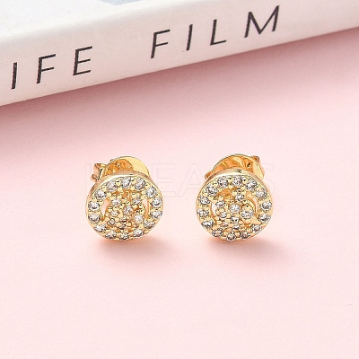 Round Brass Micro Pave Clear Cubic Zirconia Stud Earrings EJEW-Z144-14G-1
