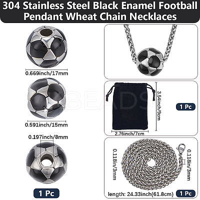 1Pc 304 Stainless Steel Black Enamel Football Pendant Wheat Chain Necklaces NJEW-BBC0001-31-1