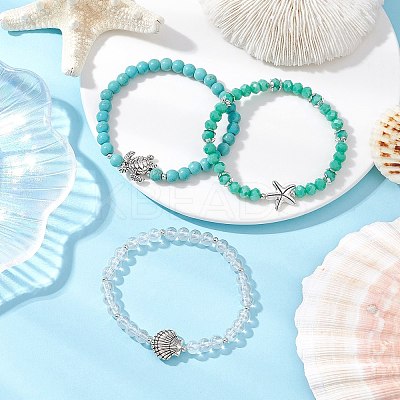 3Pcs 3 Styles Round Glass & Synthetic Turquoise Beads Stretch Bracelets Sets for Women BJEW-JB11654-1