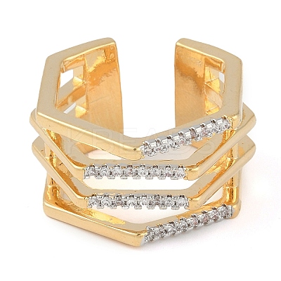 Hexagon Brass Micro Pave Clear Cubic Zirconia Multi-layer Open Cuff Ring for Women RJEW-Q819-17G-1