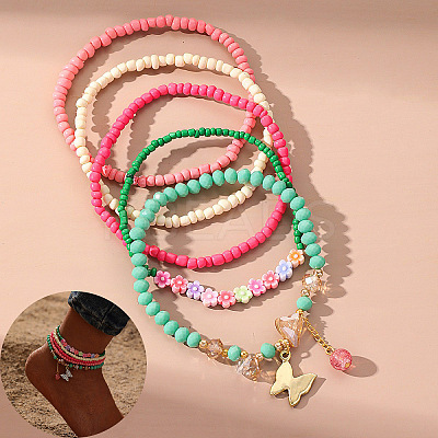 Bohemian Resin & Glass Seed Beaded Stretch Multi-Layered Anklet Sets WG187EB-07-1