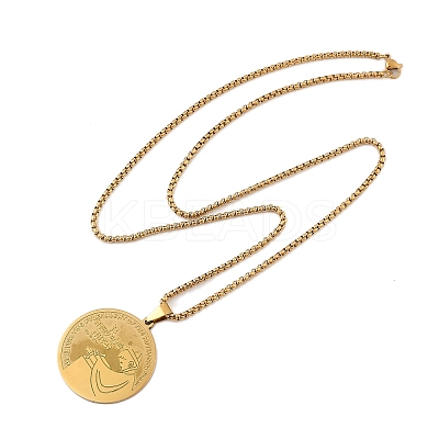 201 Stainless Steel Flat Round with Boy Pendant Box Chain Necklaces for Women Men NJEW-R013-05G-1