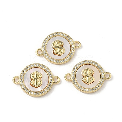Brass Micro Pave Clear Cubic Zirconia and Natural Shell Flat Round with Dollar Sign Connector Charms KK-Z115-07G-1