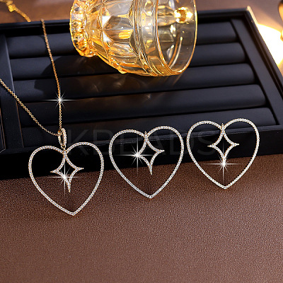 Heart with Star Brass Micro Pave Clear Cubic Zirconia Stud Earrings & Pendant Necklaces Sets for Women WGBADA3-02-1