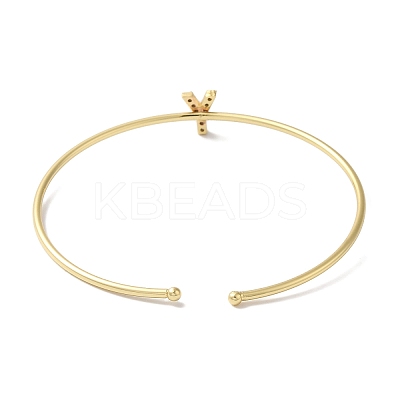 Rack Plating Brass Micro Pave Clear Cubic Zirconia Letter Open Cuff Bangles BJEW-A018-01G-Y-1