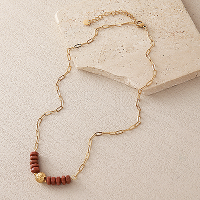 Synthetic Goldstone Hexagon Heishi Beads & 304 Stainless Steel Paperclip Chain Necklace & Bracelets for Women SG1071-3-1