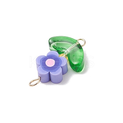 5Pcs 5 Colors Handmade Polymer Clay Flower Connector Charms with Glass Leaf PALLOY-MZ00803-01-1