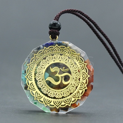 Chakra Natural & Synthetic Mixed Gemstone Chip with Resin Pendant Necklace PW-WG20351-03-1