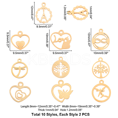 20Pcs 10 Style 304 Stainless Steel Charms STAS-UN0020-17G-1