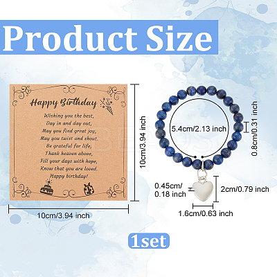 Natural Lapis Lazuli Round Beaded Stretch Bracelet with Alloy Heart Charm BJEW-OC0001-09D-1