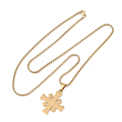 Jerusalem Cross 304 Stainless Steel Pendant Box Chain Necklaces NJEW-NH0003-01G-1