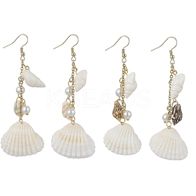Bohemian Style Natural Shell Dangle Earrings with Glass Pearl Beads EJEW-JE05546-1
