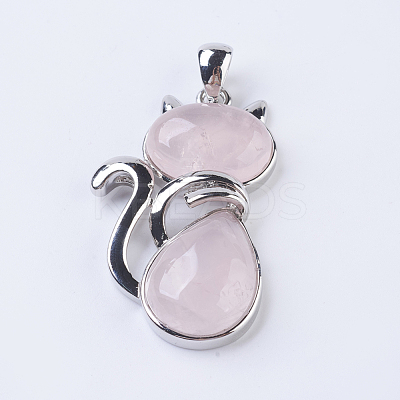 Natural Rose Quartz Kitten Pendants G-P352-B07-1