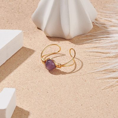 Natural Amethyst Round Beaded Open Cuff Ring RJEW-TA00041-02-1