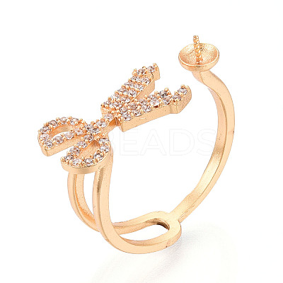 Scissors Shape Brass Micro Pave Clear Cubic Zirconia Cup Peg Ring Settings KK-T076-11G-1