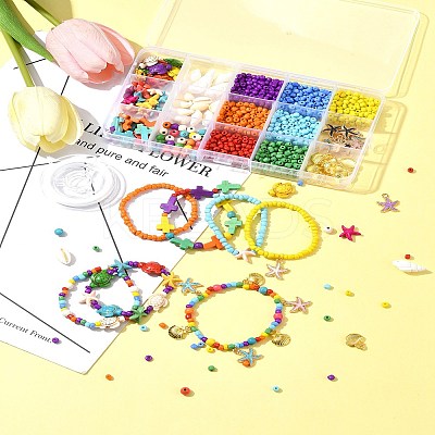 DIY Glass Seed & Synthetic Turquoise & Natural Cowrie Shell Bracelets Making Kits DIY-FS0007-11A-1