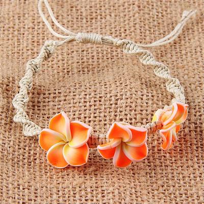 Plumeria Flower Polymer Clay Beads Braided Bead Bracelets for Women FS-WG73C89-08-1