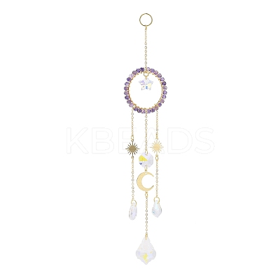 Natural Amethyst Woven Net/Web with Feather Window Hanging Suncatchers HJEW-JM00852-03-1
