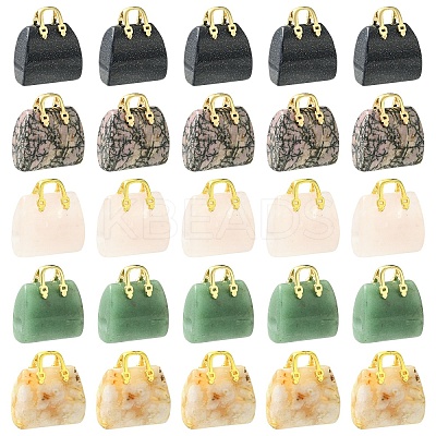 5Pcs 5 Styles Synthetic Blue Goldstone & Natural Cherry Blossom Agate & & Green Aventurine & Rose Quartz & Rhodonite Brass Pendants KK-YW0003-41-1