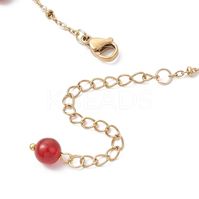 Dyed Natural Banded Agate Round & 304 Stainless Steel Shell Shape Tassel Anklets for Women AJEW-AN00702-02-1