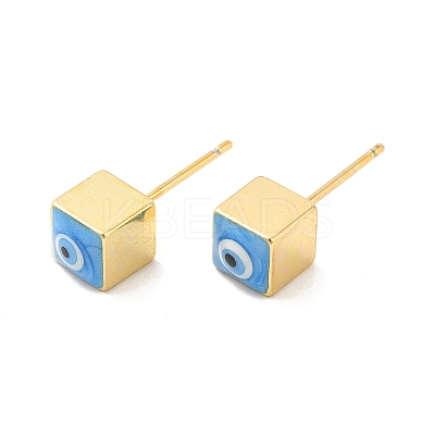 Long-Lasting Plated Cube with Enamel Evil Eye Stud Earring EJEW-E272-01G-1