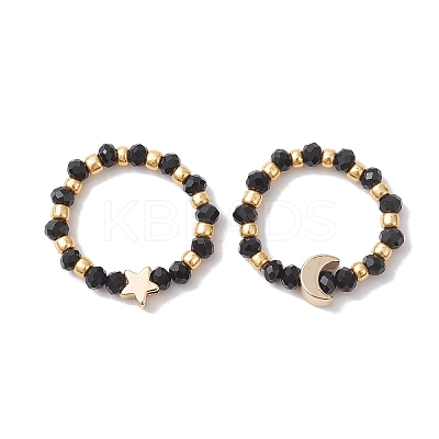 Glass Stretch Rings with Golden Plated Star & Moon Brass Beads RJEW-JR00660-03-1