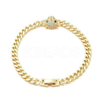 Green Cubic Zirconia Leopard Link Bracelet with Brass Curb Chains for Men Women KK-H434-11G-1