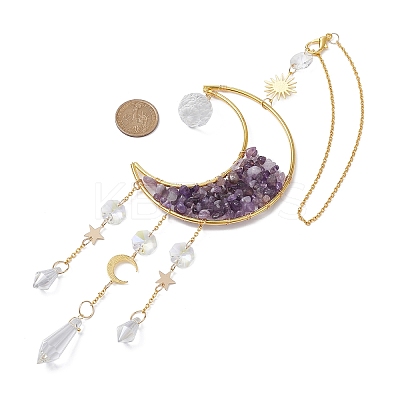 Wire Wrapped Natural Amethyst Chip & Brass Moon Pendant Decorations HJEW-JM01504-02-1