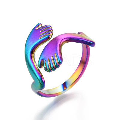 304 Stainless Steel Hugging Hand Cuff Rings RJEW-N038-119M-1