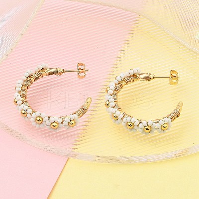 304 Stainless Steel & Bohemian Beaded C-Shaped with Flower Stud Earrings for Women EJEW-R001-03G-02-1