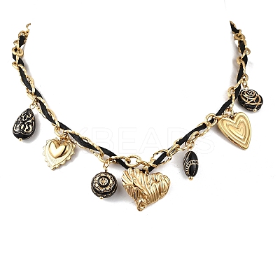 304 Stainless Steel Heart & Acrylic Black Flower Pendant Bib Necklaces for Women NJEW-A063-05G-1