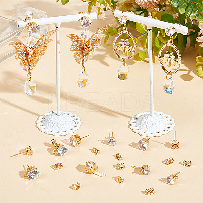 12 Pairs 2 Style Diamond Shape Brass with Cubic Zirconia Stud Earring Findings KK-BBC0012-72-1