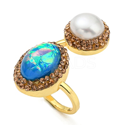 Resin Oval & Imitation Pearl Open Cuff Ring with Rhinestone RJEW-D005-10G-1