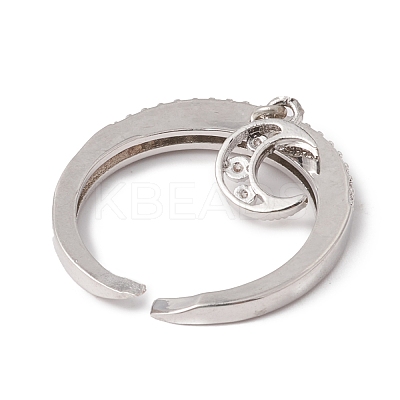 Clear Cubic Zirconia Moon Charm Open Cuff Ring RJEW-F124-02P-1