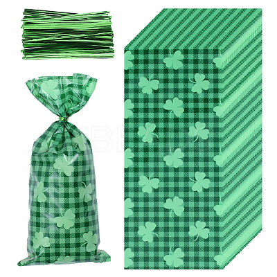 Rectangle Shamrock Clover Print Plastic Cookies Packing Pouches ABAG-WH0038-35B-1