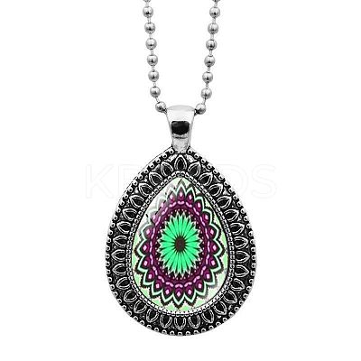 Glass Teardrop with Mandala Flower Pendant Necklace with Ball Chains MAND-PW0001-08J-1
