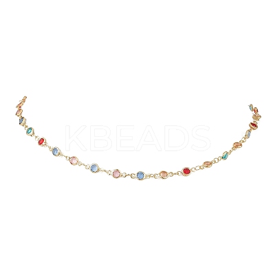 Brass & Colorful Glass Flat Round Link Chain Necklaces for Women NJEW-JN05451-1
