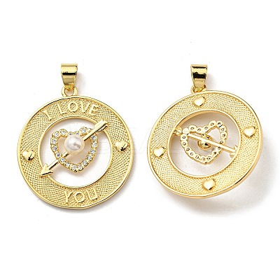Brass Cubic Zirconia with Plastic Pearl Pendants KK-K341-20G-1
