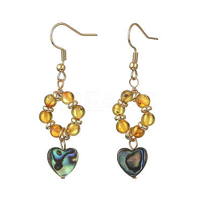 Heart Natural Amber & Abalone Shell/Paua Shell Dangle Earrings EJEW-JE07358-02-1