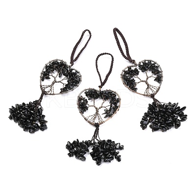 Wire Wrapped Chips Natural Obsidian Big Pendant Decorations HJEW-H057-01B-1