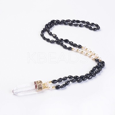Natural Black Tourmaline and Natural Quartz Crystal Pendant Necklaces NJEW-I220-05-1
