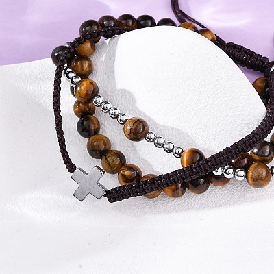 Adjustable Natural Tiger Eye & Hematite Braided Bead Bracelets BJEW-U035-01B-1