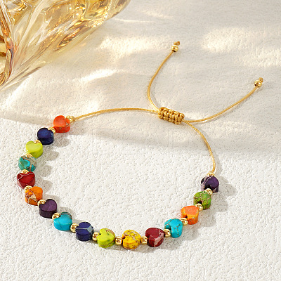 Pride Month Rainbow Heart Resin & Brass Beads Braided Bead Bracelets for Women KI7192-1