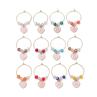 Heart with Twelve Constellations Alloy Enamel Wine Glass Charms AJEW-JO00227-1