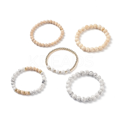 5Pcs 5 Style Natural Wood & Howlite Round Beaded Bracelets Set BJEW-JB08820-1