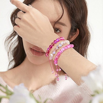 3Pcs Round Synthetic Moonstone Braided Bead Bracelets BJEW-SW00061-05-1