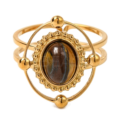 Oval Natural Tiger Eye Finger Rings RJEW-Q822-30G-03-1