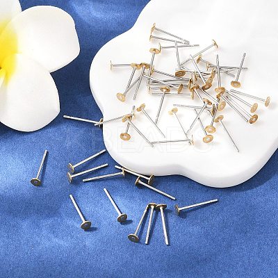 304 Stainless Steel Stud Earring Settings with Flat Round Brass Head STAS-R073-01-1