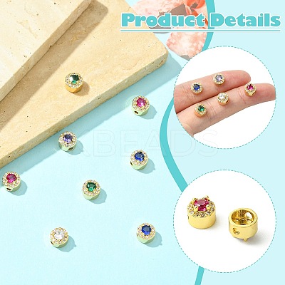 10Pcs 5 Colors Rack Plating Brass Micro Pave Cubic Zirconia Flat Round Beads KK-CJ0002-70-1