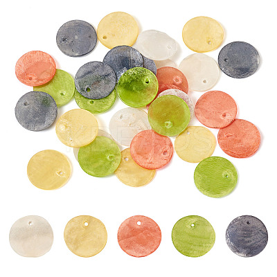 24Pcs 4 Colors Dyed Shell Flat Round Charms FIND-TA0005-04-1